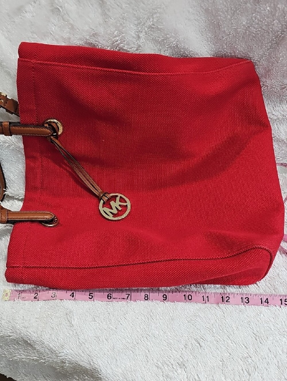 Michael Kors Red Canvas Tote with Brown Leather Handles and Gold MK Charm - Picture 13 of 17
